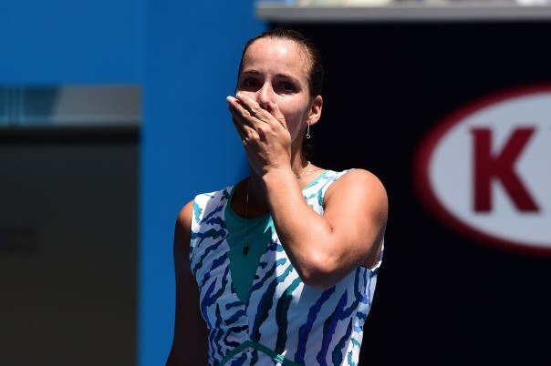 Yes she is wearing EleVen by Venus but she is not crying because this really doesn't fit her that well. The real issue is that Jarmila Gajdosova is crying because this is the 1st time in 10 straight tournaments that she has won a man! She is crying because she forgot how to be happy after a win! 